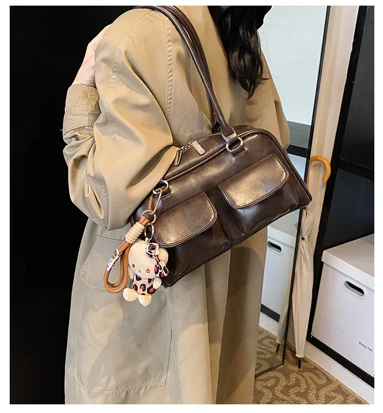 Women's 2024 Brown Leather Shoulder Bag with Cute Charm — feature 2
