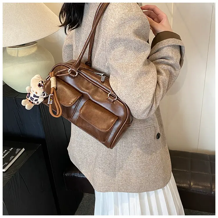 Women's 2024 Brown Leather Shoulder Bag with Cute Charm — feature 20