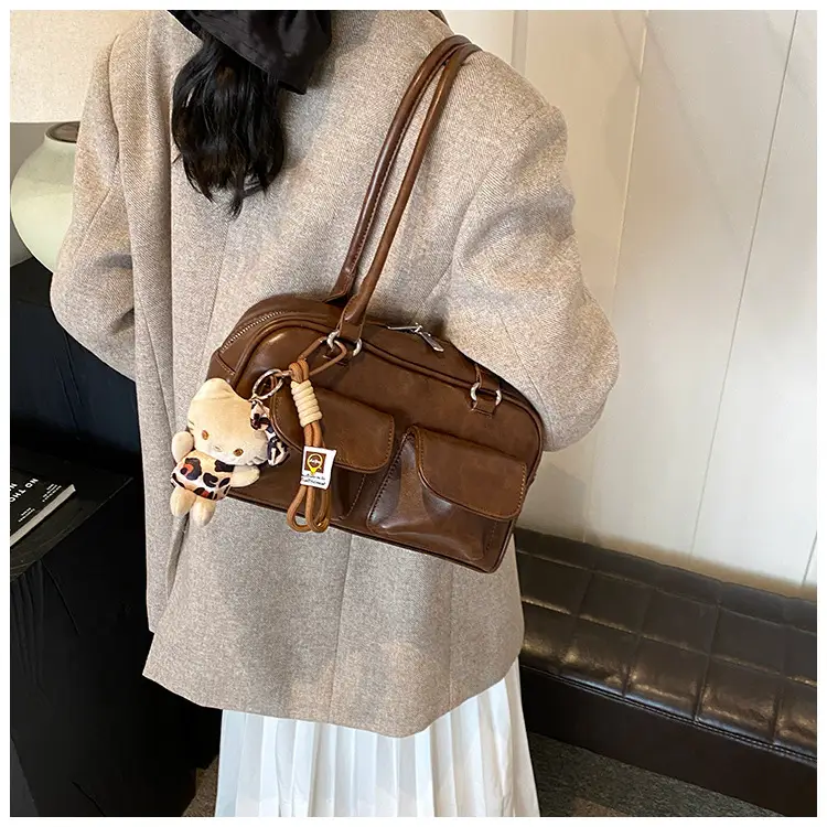 Women's 2024 Brown Leather Shoulder Bag with Cute Charm — feature 21