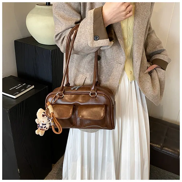 Women's 2024 Brown Leather Shoulder Bag with Cute Charm — feature 22