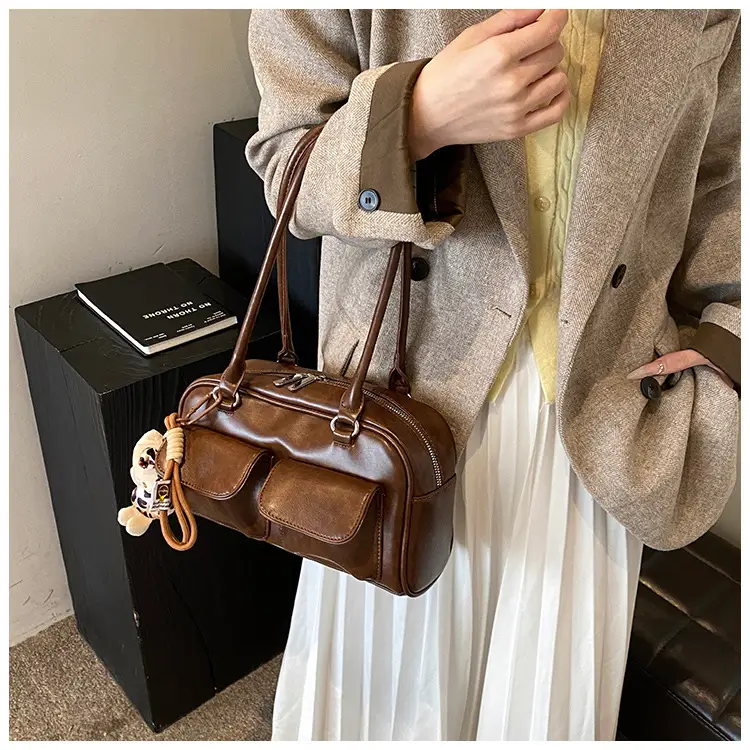 Women's 2024 Brown Leather Shoulder Bag with Cute Charm — feature 23