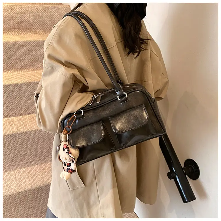 Women's 2024 Brown Leather Shoulder Bag with Cute Charm — feature 27