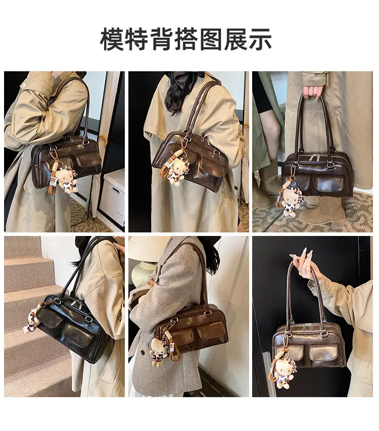 Women's 2024 Brown Leather Shoulder Bag with Cute Charm — feature 4
