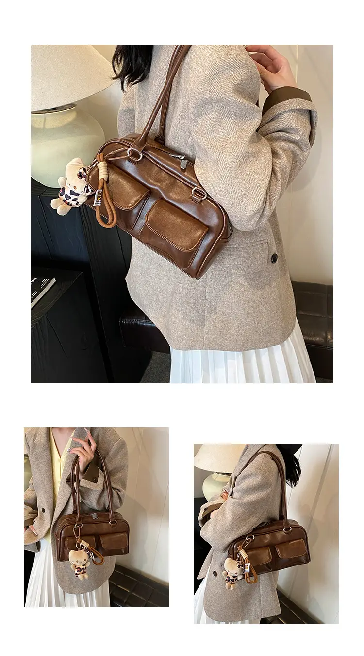 Women's 2024 Brown Leather Shoulder Bag with Cute Charm — feature 6