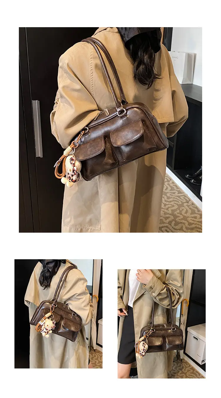Women's 2024 Brown Leather Shoulder Bag with Cute Charm — feature 7