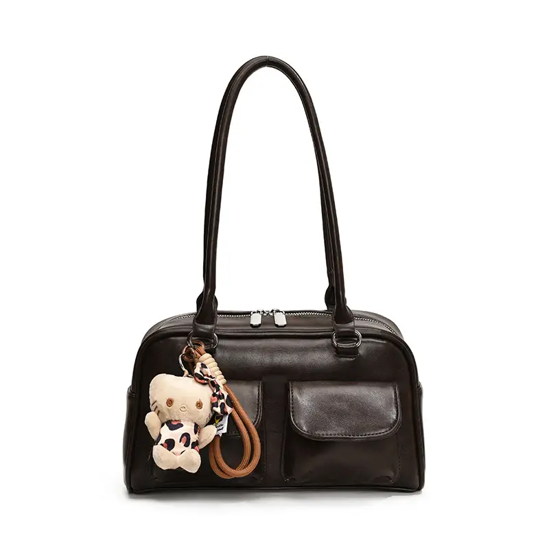 Women's 2024 Brown Leather Shoulder Bag with Cute Charm