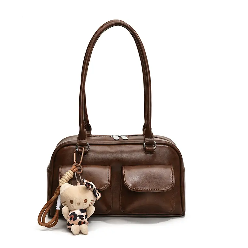 Women's 2024 Brown Leather Shoulder Bag with Cute Charm