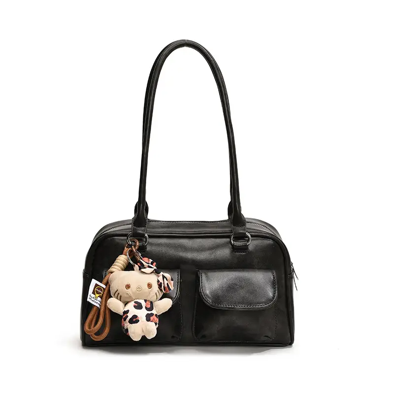 Women's 2024 Brown Leather Shoulder Bag with Cute Charm