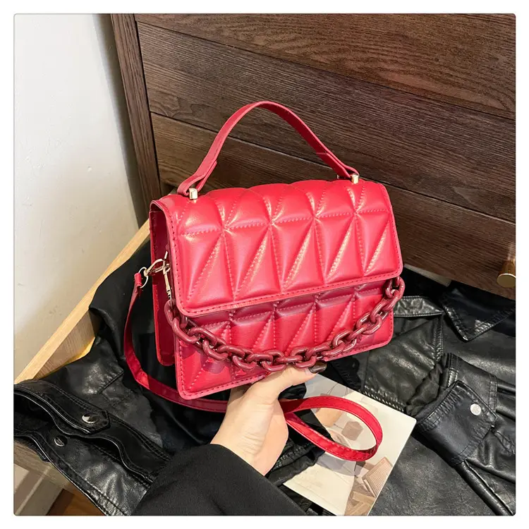 Red Quilted Chain Crossbody Bag for Women