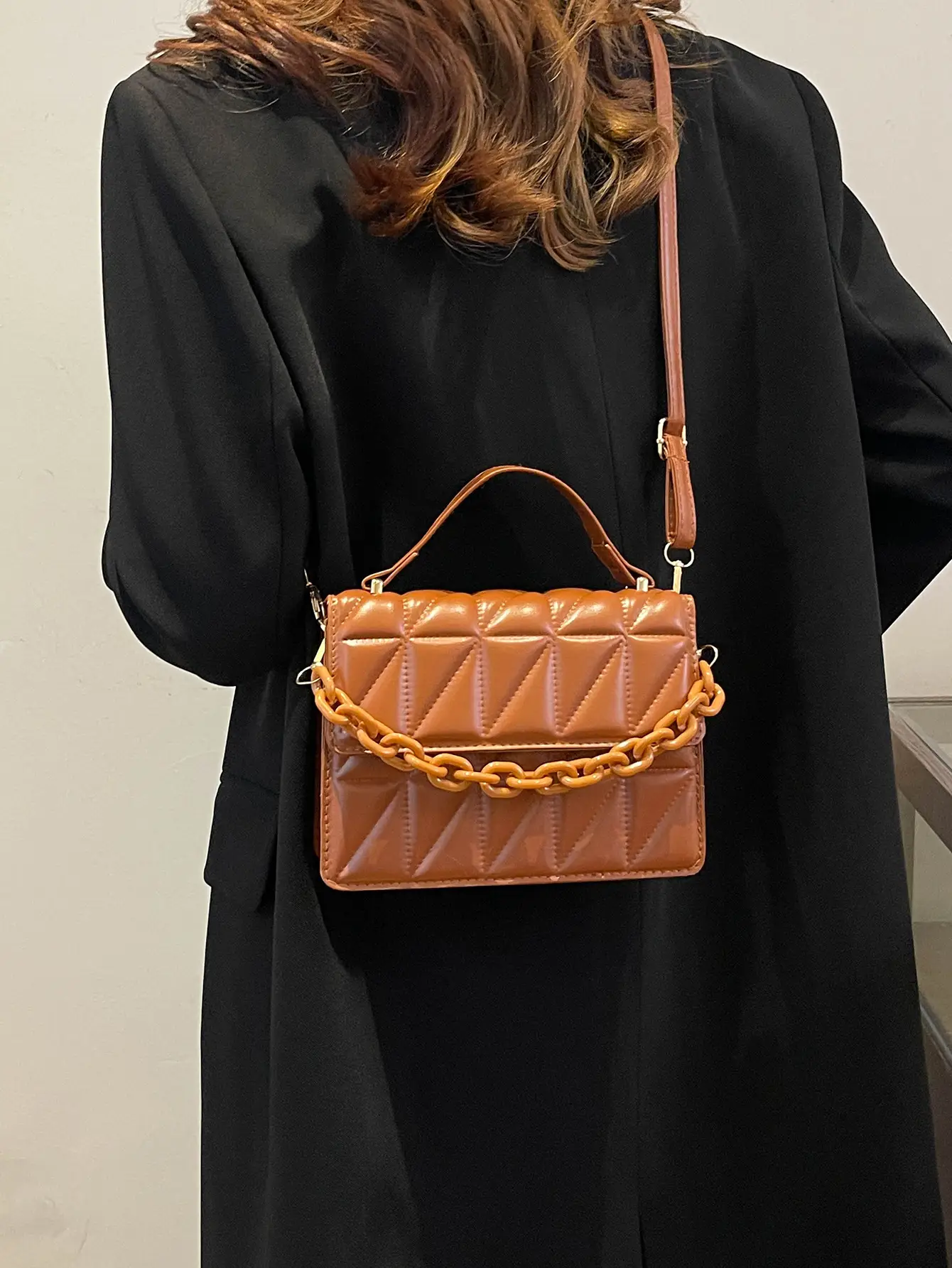 Brown Textured Square Shoulder Bag for Women - Image 9