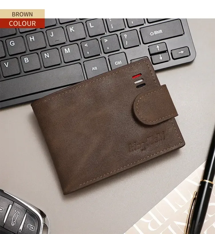 Front view of the light brown wallet with snap closure.