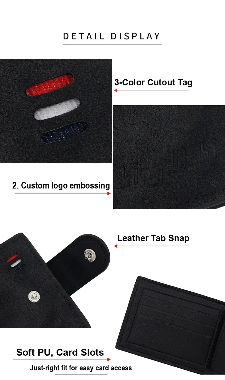 Close-ups of accent bars, embossed logo, snap button and interior card slots.