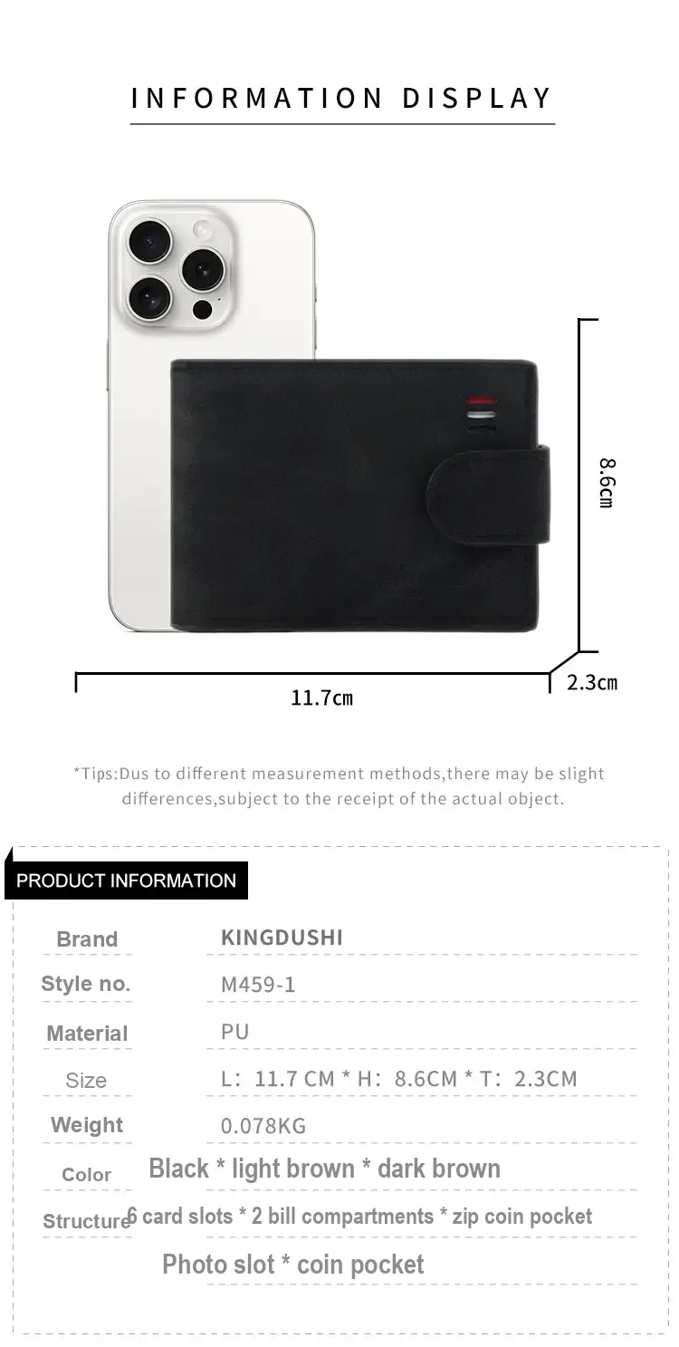 Wallet dimension diagram labeled 11.7 cm by 8.6 cm by 2.3 cm.