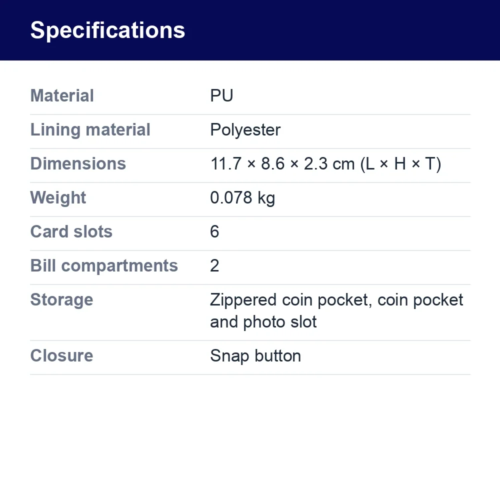 Men's PU Wallet – Snap Closure, Coin Pocket – specifications