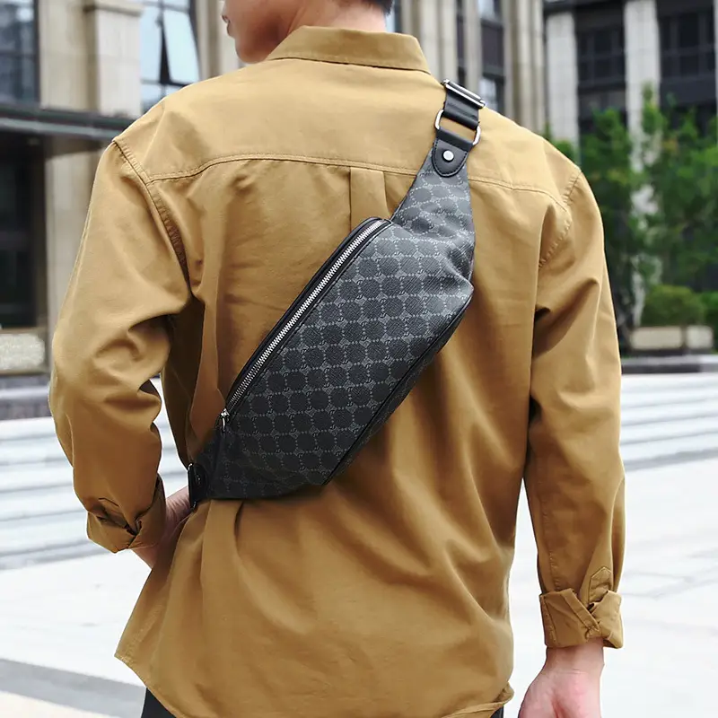 Korean Men's Plaid Crossbody Waist Bag Black - Image 3