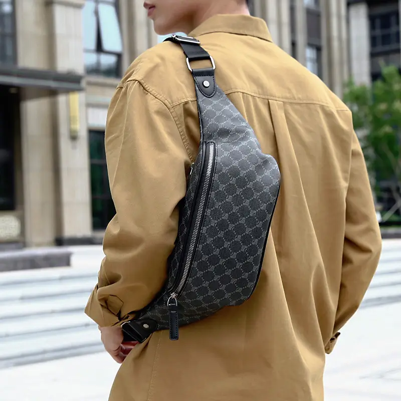 Korean Men's Plaid Crossbody Waist Bag Black - Image 4