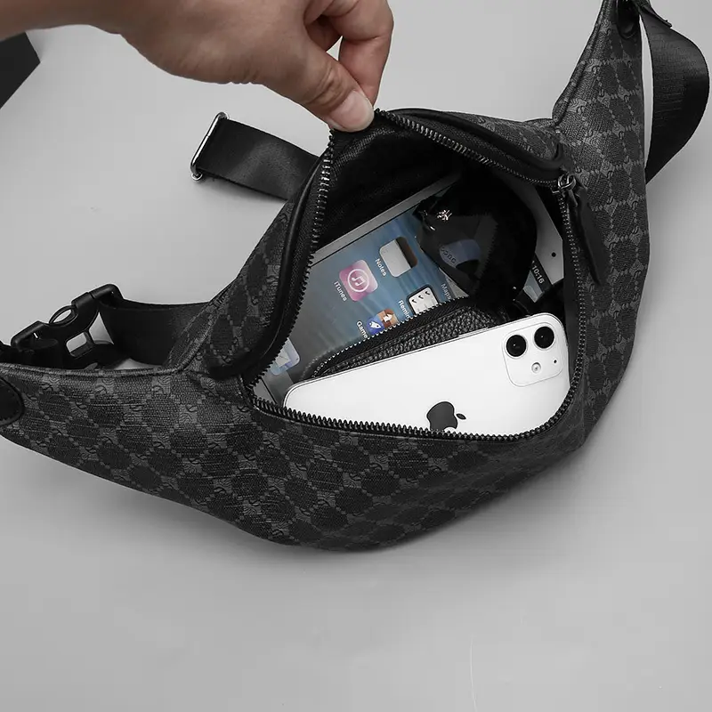 Korean Men's Plaid Crossbody Waist Bag Black - Image 5
