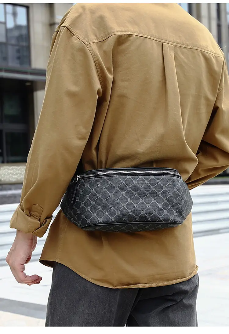 Korean Men's Plaid Crossbody Waist Bag Black — feature 13