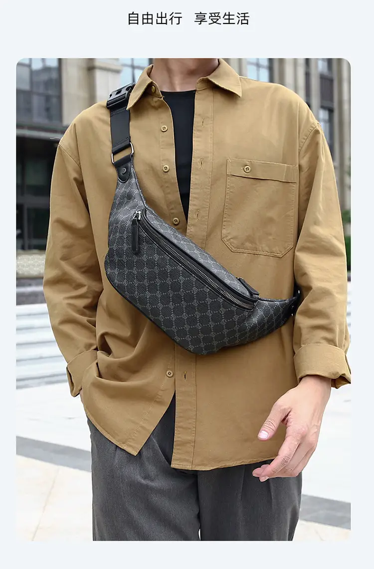 Korean Men's Plaid Crossbody Waist Bag Black — feature 2