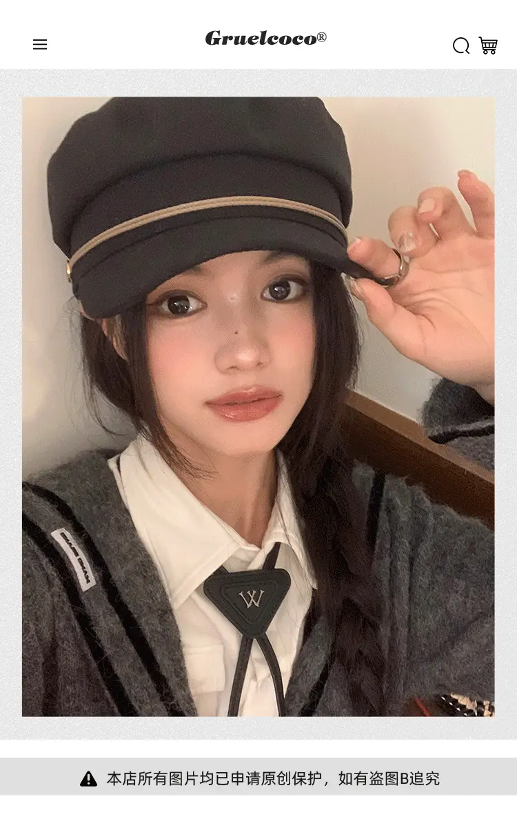 Japanese Style Vintage Strap Navy Hat Autumn Winter New All-match Flat Top Fashion Casual Wide and Strict Face Duckling Tongue Hat — feature 1