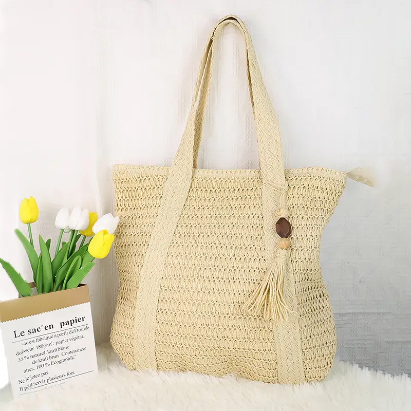 Women Straw Tote Bag with Tassels, Large Capacity, Beige - Image 5
