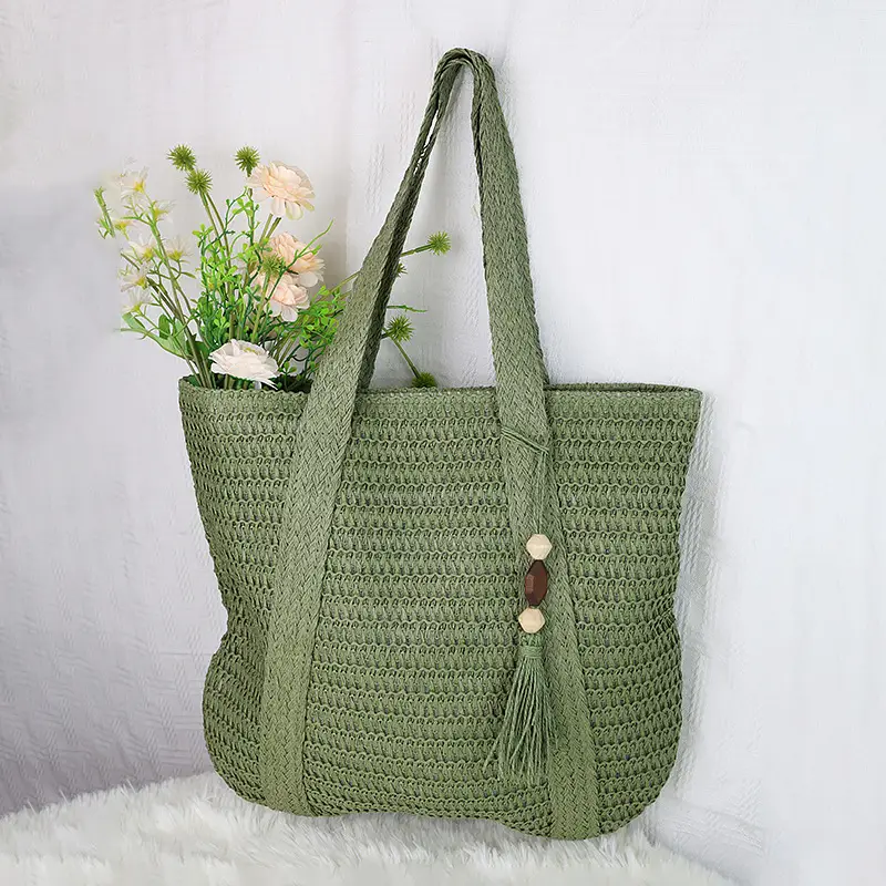 Women Straw Tote Bag with Tassels, Large Capacity, Beige - Image 6