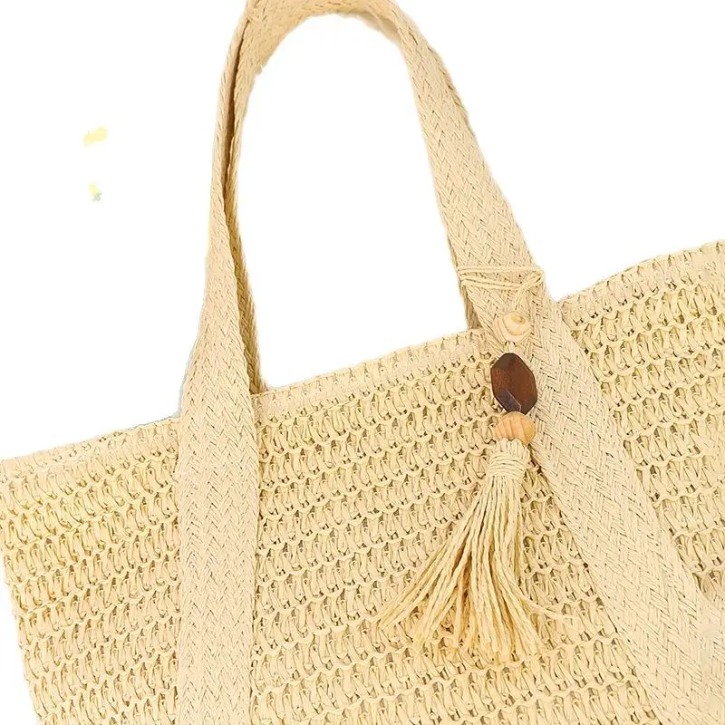 Women Straw Tote Bag with Tassels, Large Capacity, Beige - Image 7