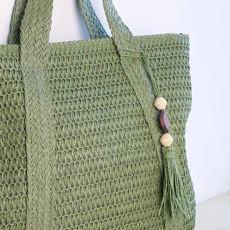 Women Straw Tote Bag with Tassels, Large Capacity, Beige — feature 10