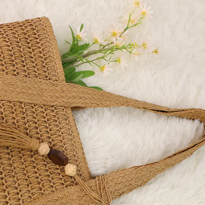 Women Straw Tote Bag with Tassels, Large Capacity, Beige — feature 11