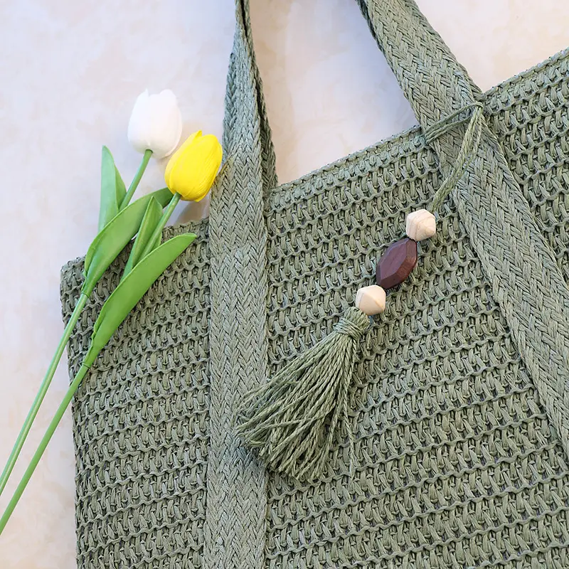 Women Straw Tote Bag with Tassels, Large Capacity, Beige — feature 13