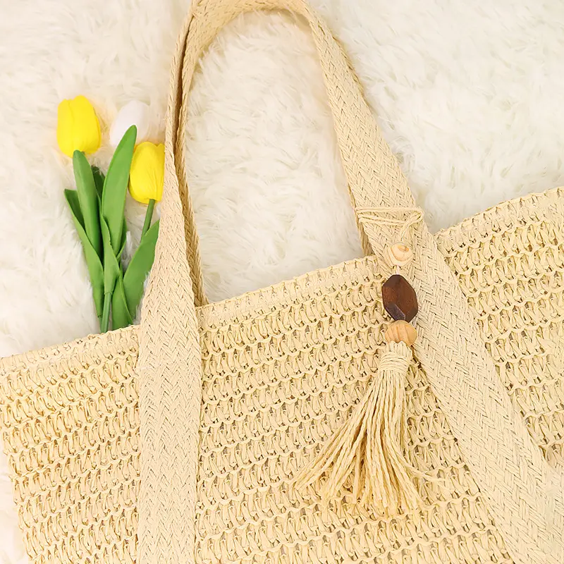 Women Straw Tote Bag with Tassels, Large Capacity, Beige — feature 15