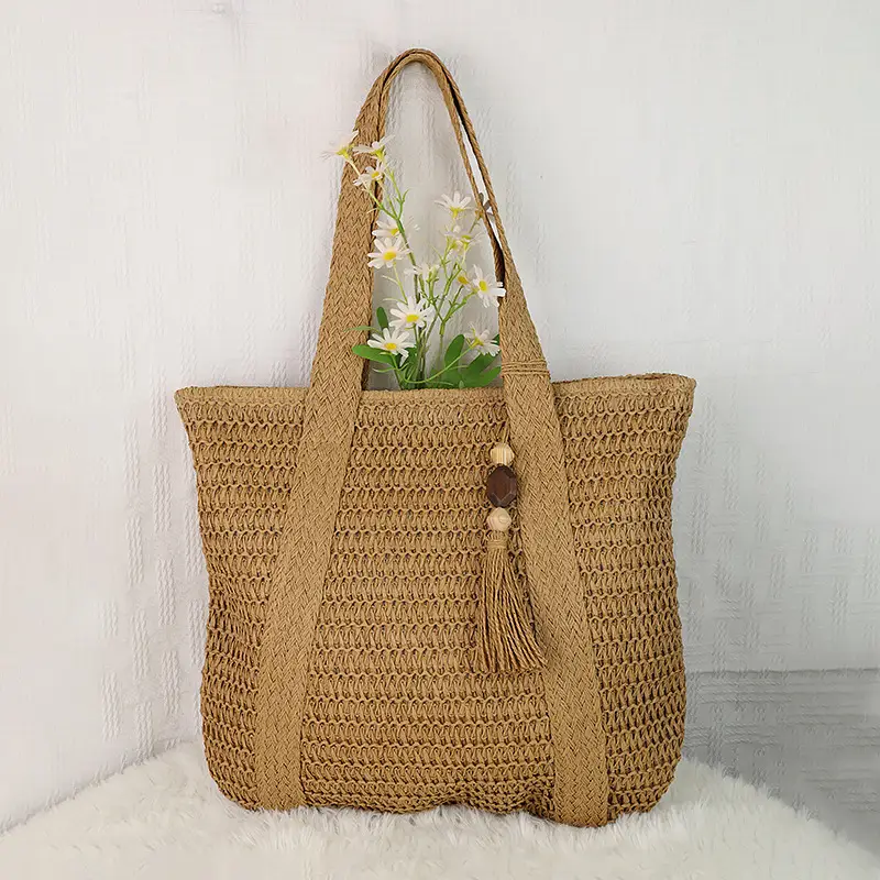Women Straw Tote Bag with Tassels, Large Capacity, Beige - Image 2