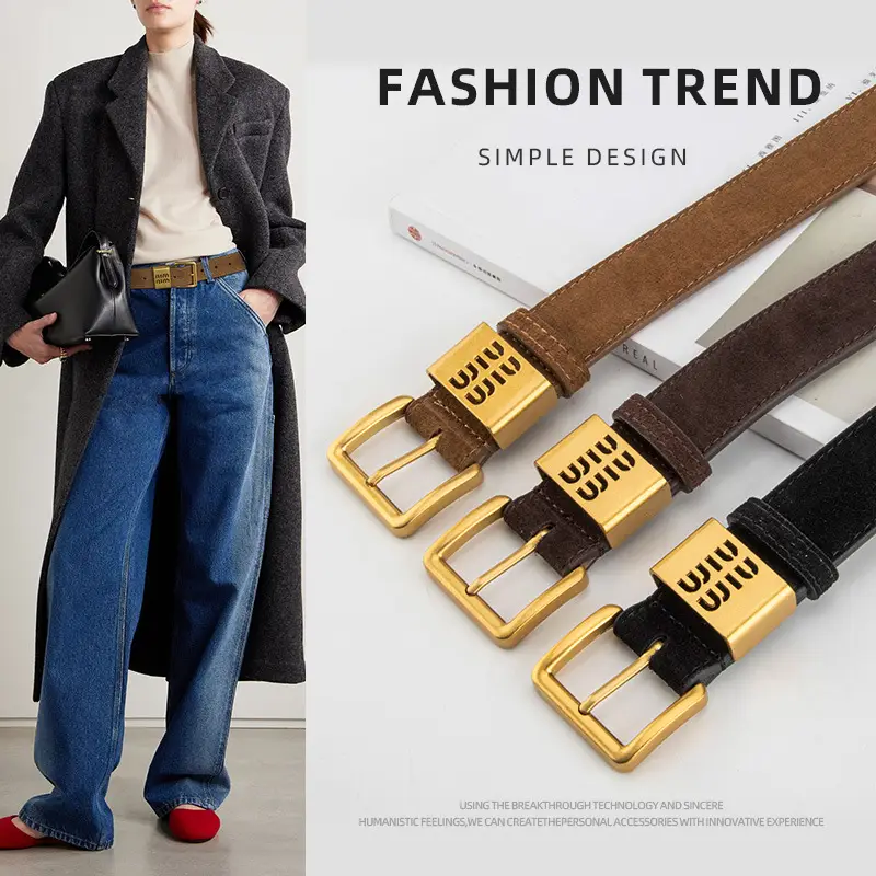 Women's Brown Genuine Leather Belt with Gold Pin Buckle - Image 15