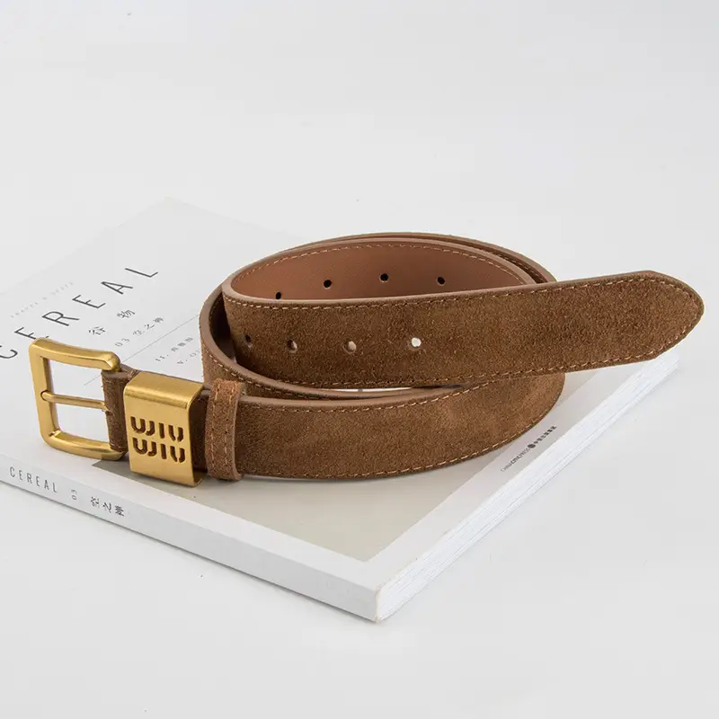 Women's Brown Genuine Leather Belt with Gold Pin Buckle - Image 17