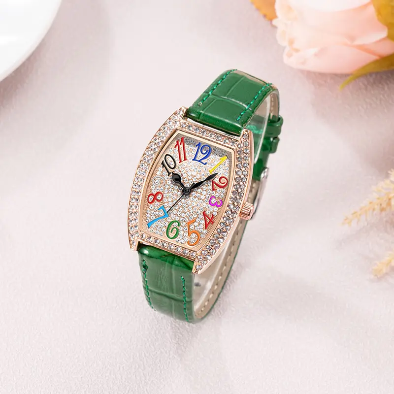 Ladies Full Diamond Watch with Colorful Dial & Black Belt - Image 9