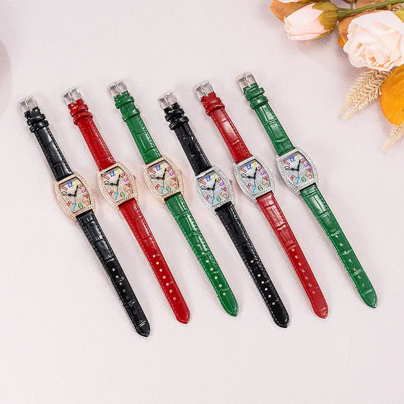 Ladies Full Diamond Watch with Colorful Dial & Black Belt - Image 10