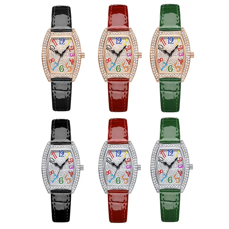 Ladies Full Diamond Watch with Colorful Dial & Black Belt - Image 11
