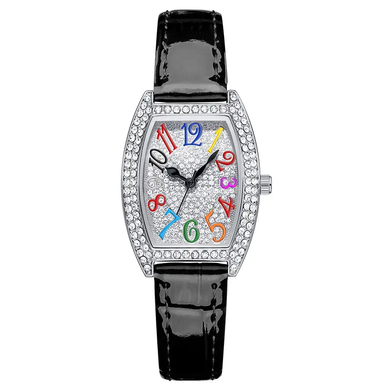 Ladies Full Diamond Watch with Colorful Dial & Black Belt - Image 2