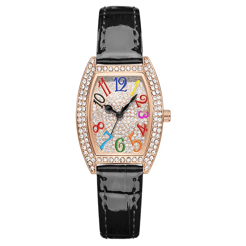 Ladies Full Diamond Watch with Colorful Dial & Black Belt - Image 5