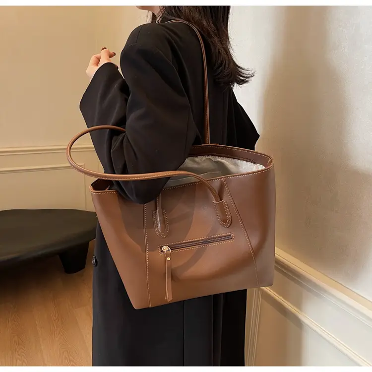Large Capacity Tan Leather Tote Bag for Women — feature 29
