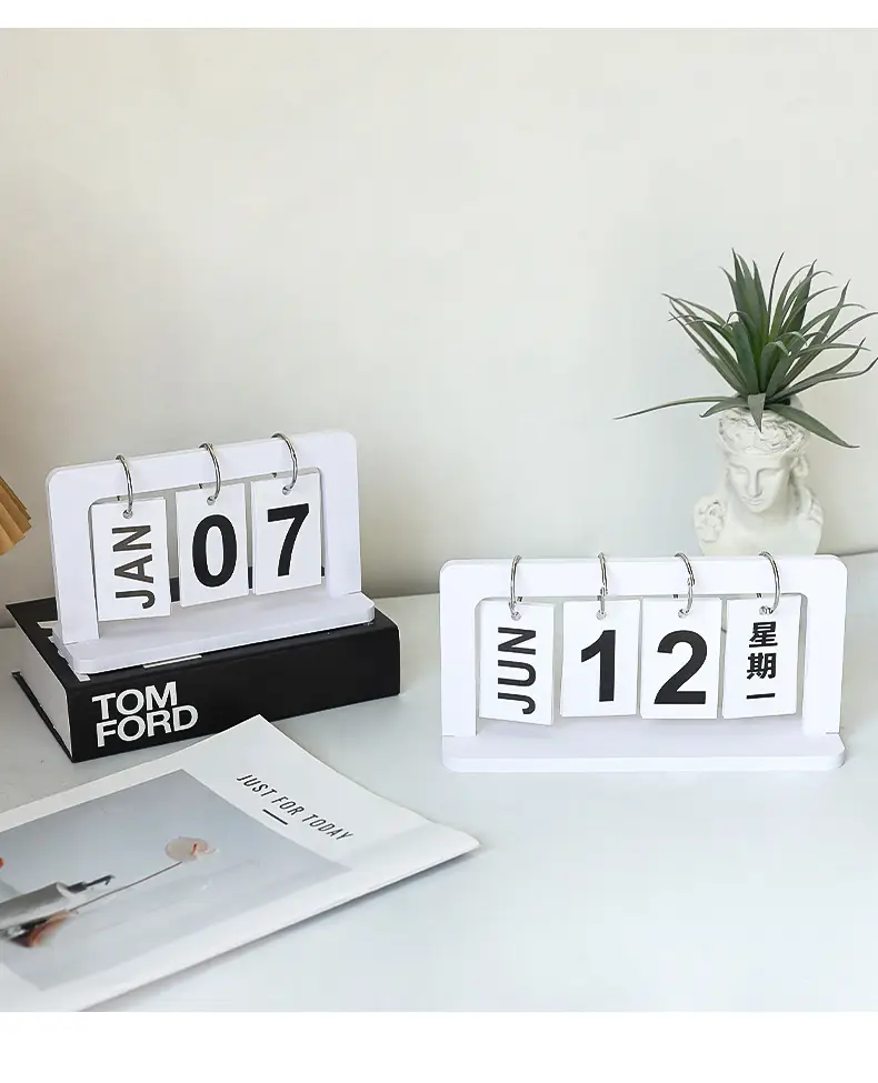 European-style creative dining table furnishings pure white wooden desktop flip calendar entrance kindergarten date card shooting props — feature 6