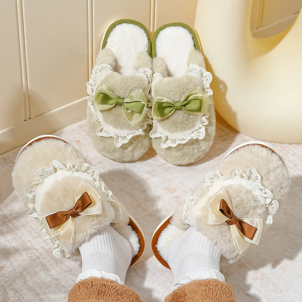 2024 New Cute Pink Bow Warm Cotton Slippers Women Winter - Image 5