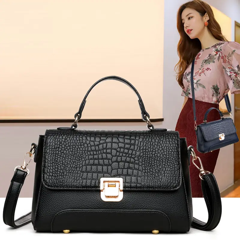 Black Croc Leather Crossbody Bag for Women