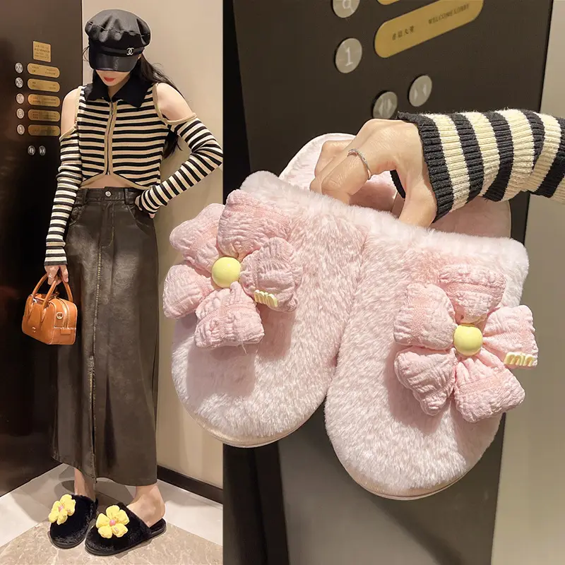 Foreign trade Baotou cute flower ladies plush slippers warm fluffy slippers sweet wind home cotton slippers wholesale