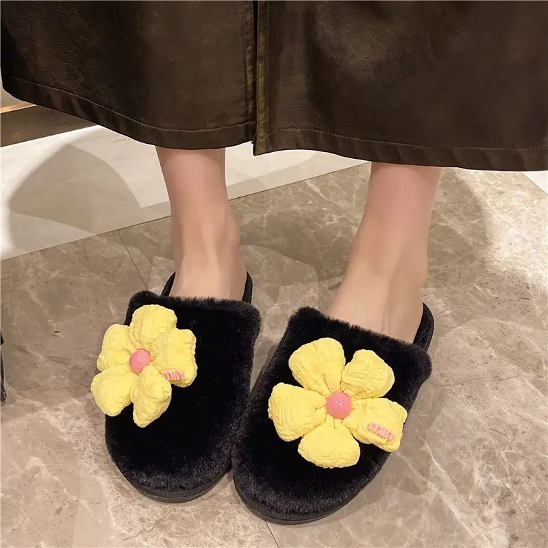 Foreign trade Baotou cute flower ladies plush slippers warm fluffy slippers sweet wind home cotton slippers wholesale