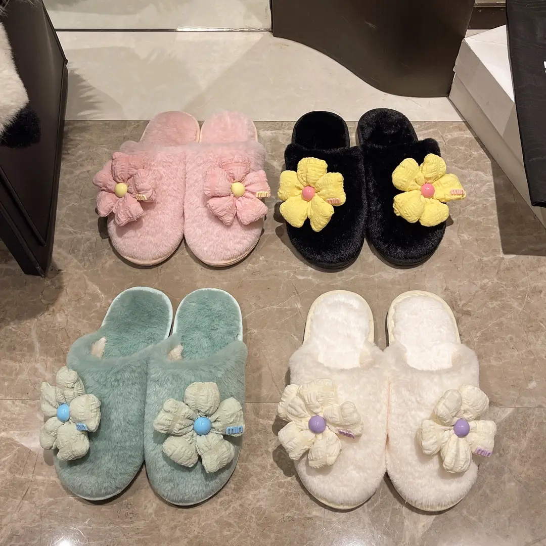 Foreign trade Baotou cute flower ladies plush slippers warm fluffy slippers sweet wind home cotton slippers wholesale