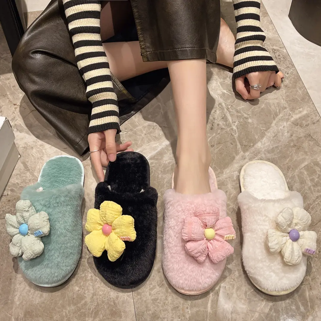 Foreign trade Baotou cute flower ladies plush slippers warm fluffy slippers sweet wind home cotton slippers wholesale — feature 11