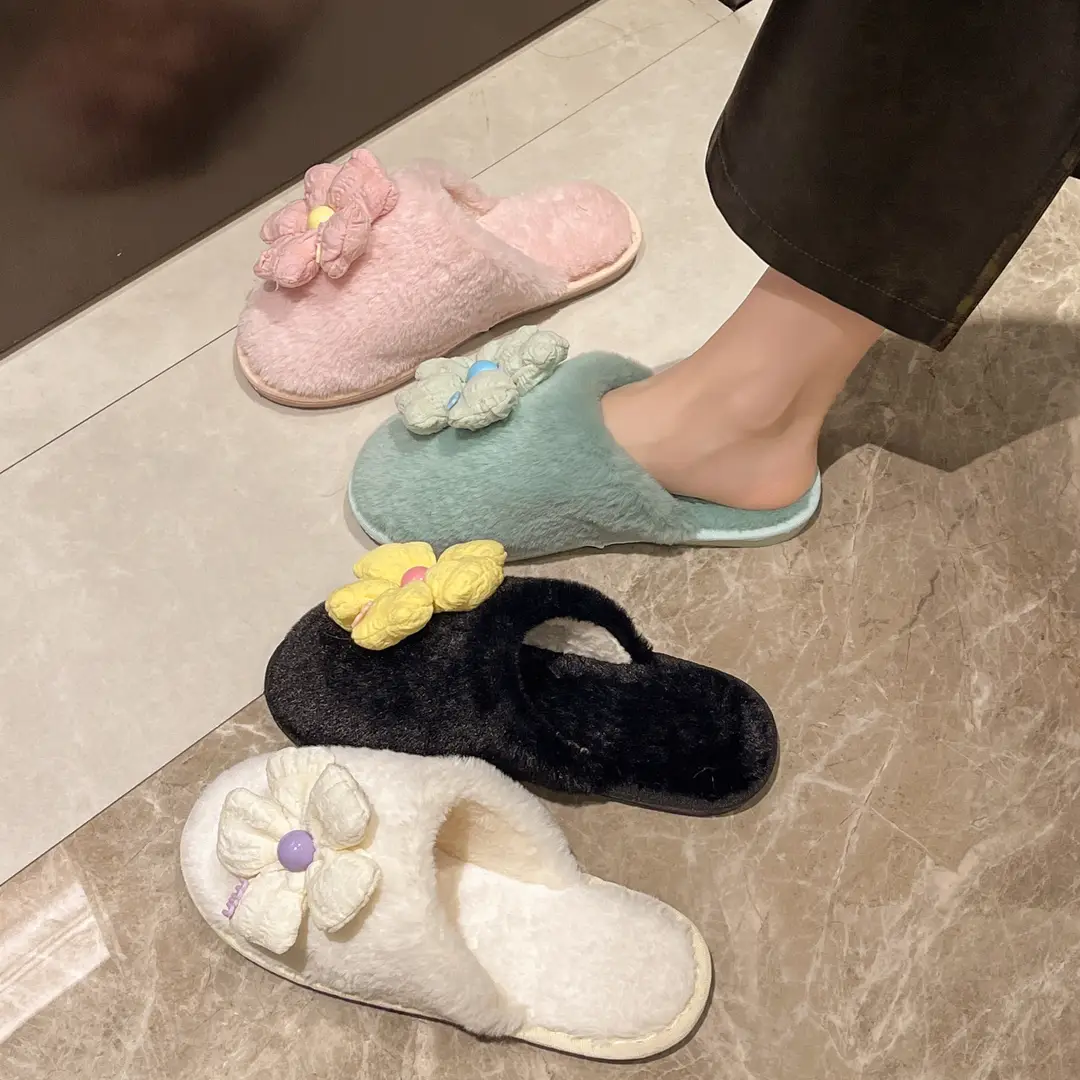 Foreign trade Baotou cute flower ladies plush slippers warm fluffy slippers sweet wind home cotton slippers wholesale — feature 17