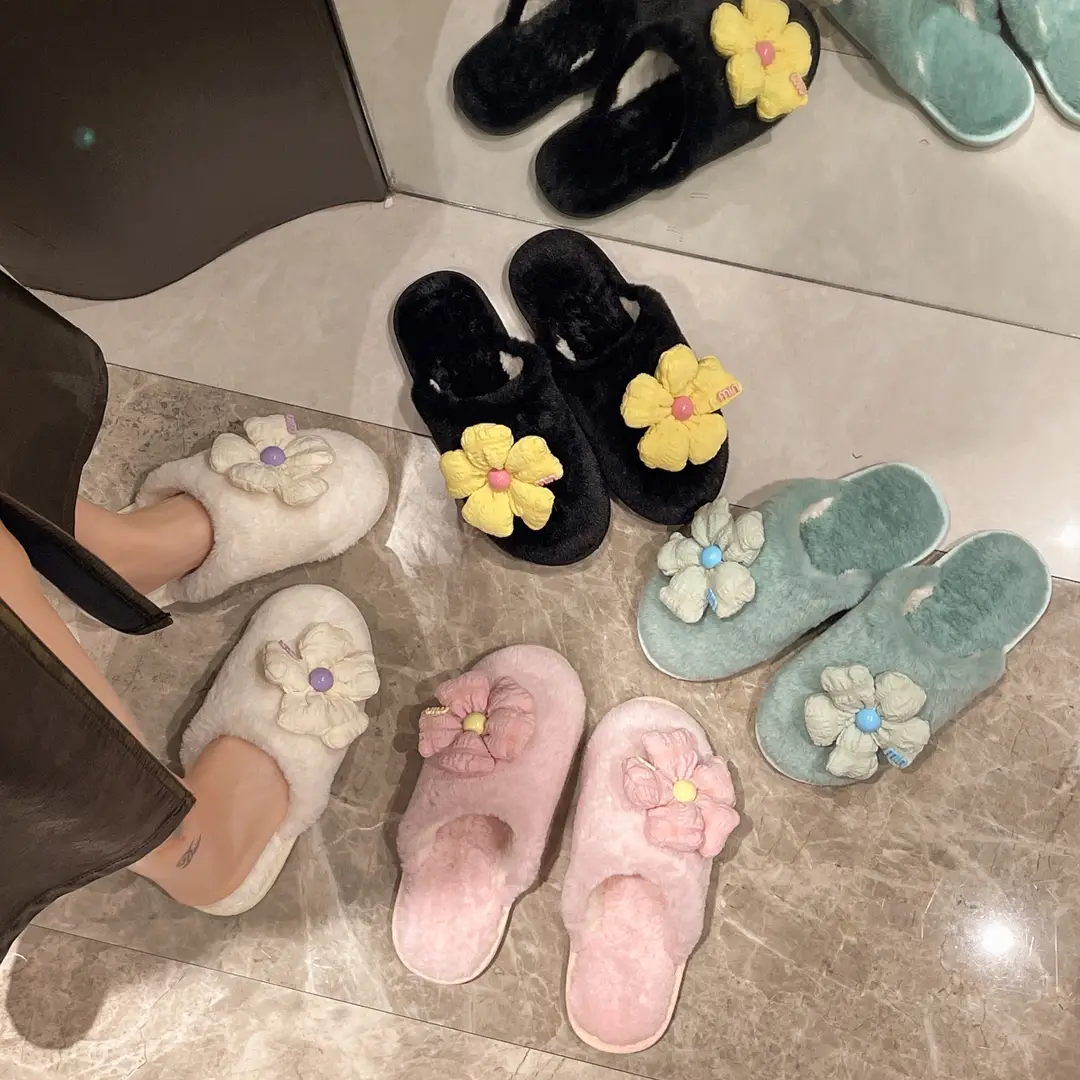 Foreign trade Baotou cute flower ladies plush slippers warm fluffy slippers sweet wind home cotton slippers wholesale — feature 20