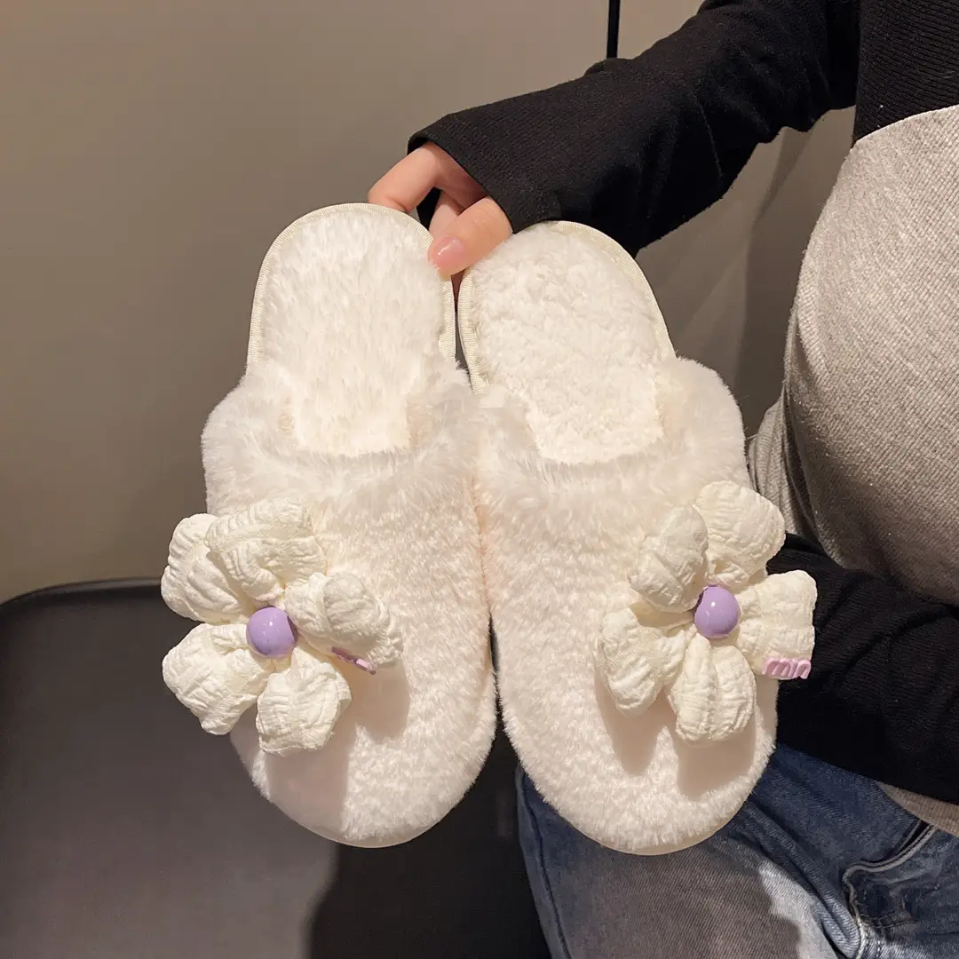 Foreign trade Baotou cute flower ladies plush slippers warm fluffy slippers sweet wind home cotton slippers wholesale — feature 22